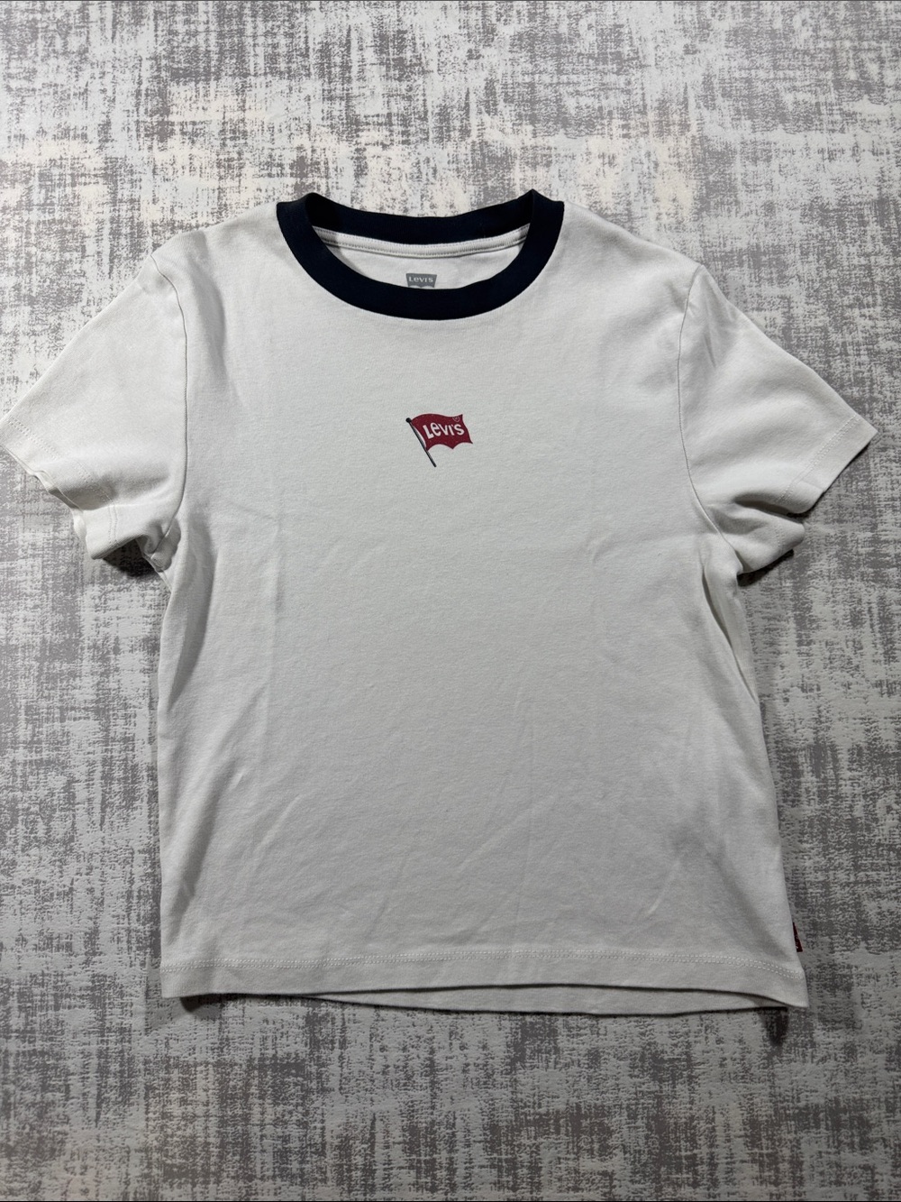 Levi's White Tee with Navy Collar and Red Logo 18.5 X14.5 size Small